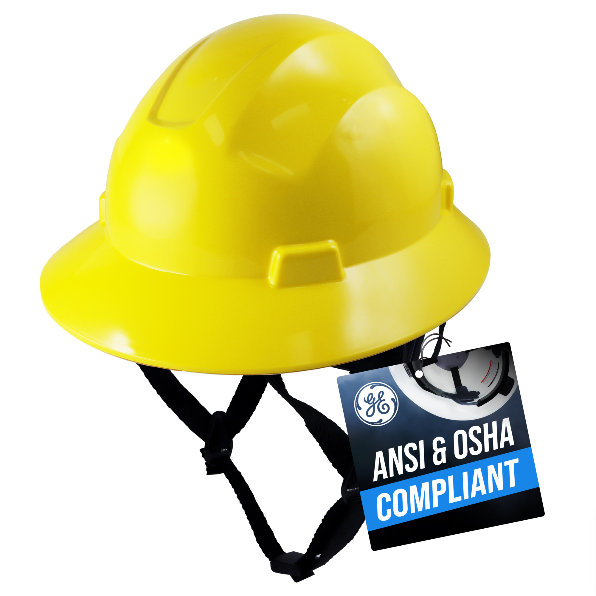 General Electric, Full Brim Safety Helmet, Non Vented, One Size, Yellow, Model# GH329Y